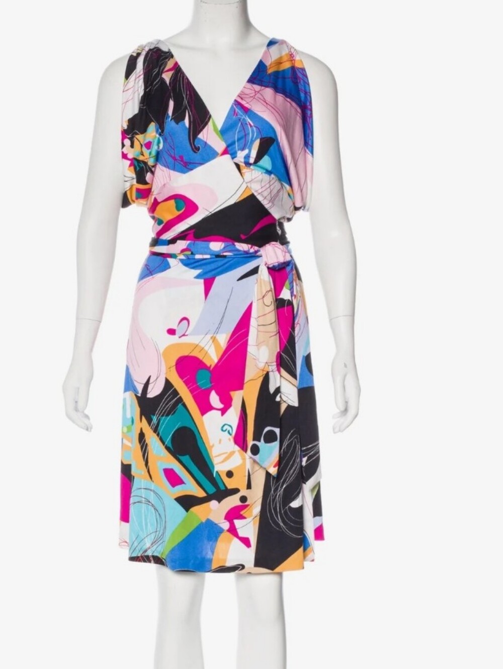 Diane Von Furstenberg Blue Pink Yellow  Silk Abstract Print Wrap Dress Size 10